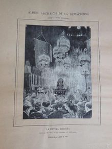 Arte: Antigua Lamina : LA ÚLTIMA ABSOLTA. Funeral del Rey en la Catedral de Barcelona. 1886. LLIMONA